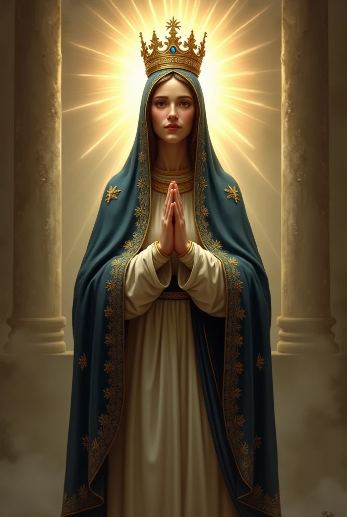 "Create a detailed image of Our Lady of Aparecida. She is depicted standing with a solemn and compassionate expression. She wears a richly adorned dark blue mantle, embroidered with gold, over a simple gown. A golden crown with jewels rests on her head, and a radiant halo of light surrounds her. She holds her hands together in prayer, and the background should be simple yet luminous, highlighting her significance as the patroness of Brazil. The setting should evoke a sense of reverence and divine protection, with subtle hints of Brazilian cultural elements."