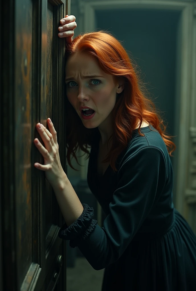 redhead woman holding door closed scared and gothic