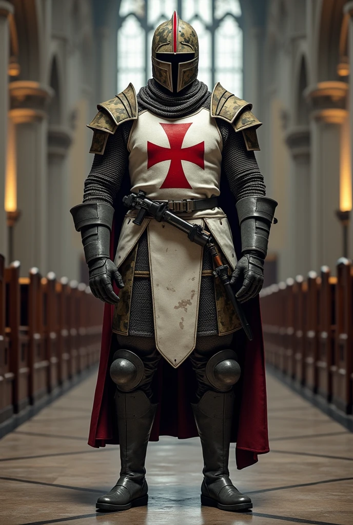 image of the templar army in the 21st century mix the templar soldier&#39;s armor with a camouflage helmet with a red crest modern white tactical vest with a large red cross painted on the vest , characteristic uniform of the 21st century dark gray military boots and a steel chainmail outfit inside the Catholic church