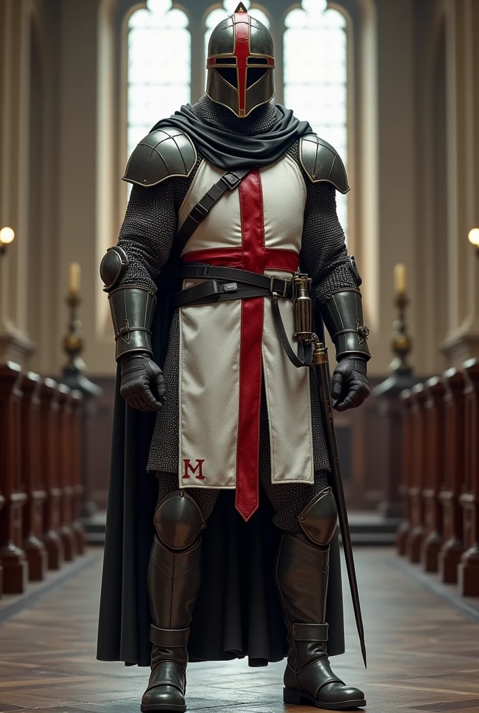 image of the templar army in the 21st century mix the templar soldier&#39;s armor with a camouflage helmet with a red crest modern white tactical vest with a large red cross painted on the vest , characteristic uniform of the 21st century dark gray military boots and a steel chainmail outfit inside the Catholic church