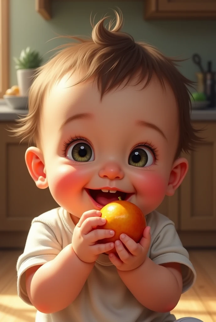 A baby with a happy expression while trying a candy or fruit