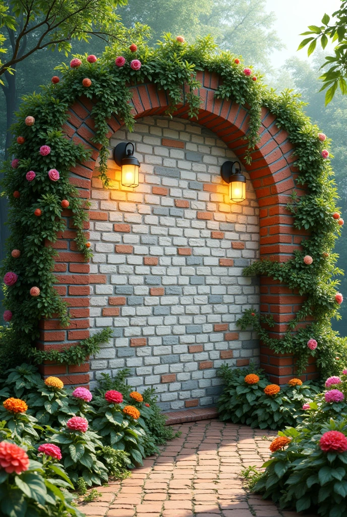 wall of white and mixed bricks , with many green branches on the sides and colorful flowers with yellow lights

 

