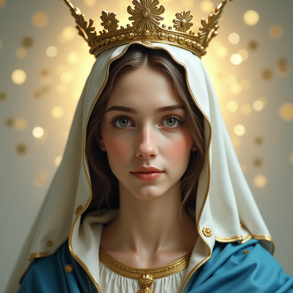 image of the Virgin Mary, she is 30 years old, she is wearing a blue and white coat, your veil is white, she is wearing a golden queen crown, image ultra realistic, the Virgin Mary has a serene and compassionate look