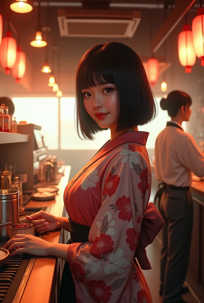 (Consciousness upward), (High resolution), (8k), (Very detailed), (The best Consciousness upward ), (Highest quality), (Very detailed), (masterpiece), ((Curvaceous physique)),(cowboy shot), employee of Japanese bar, a beautiful woman, ((serving drinks:1.3)), inside the open kitchen of Japanese popular style bar called "izakaya", (bobbed hair), wearing a Kimono. around 25years old. ((A gentle smile filled with love)),
