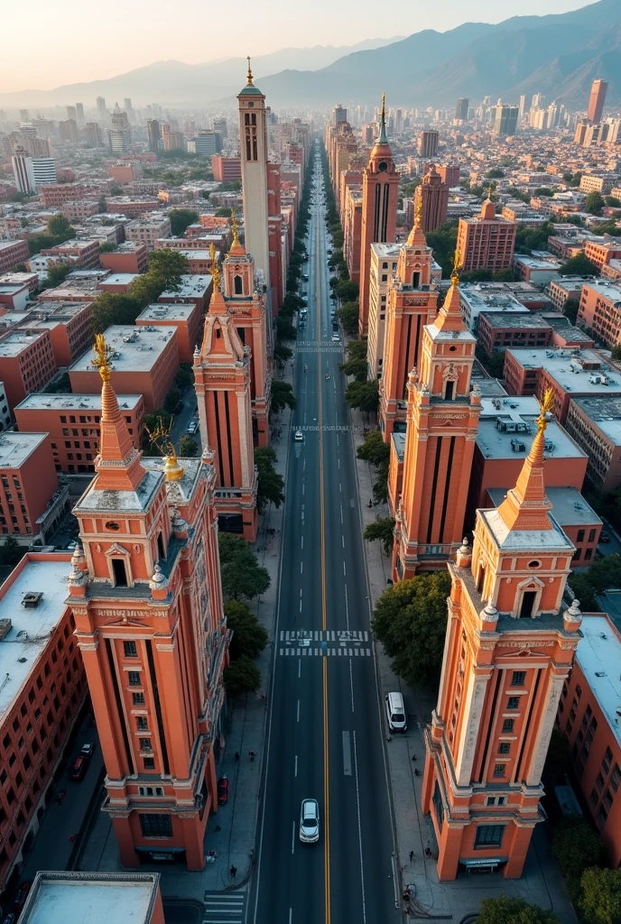 You have tall buildings about 51 meters high separated, with a different design each one of them on an avenue in the city of Arequipa. Have an aerial view