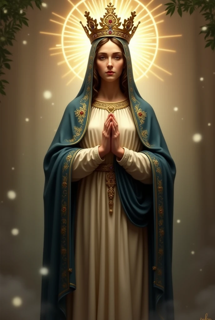 "Create a detailed image of Our Lady of Aparecida. She is depicted standing with a solemn and compassionate expression. She wears a richly adorned dark blue mantle, embroidered with gold, over a simple gown. A golden crown with jewels rests on her head, and a radiant halo of light surrounds her. She holds her hands together in prayer, and the background should be simple yet luminous, highlighting her significance as the patroness of Brazil. The setting should evoke a sense of reverence and divine protection, with subtle hints of Brazilian cultural elements."