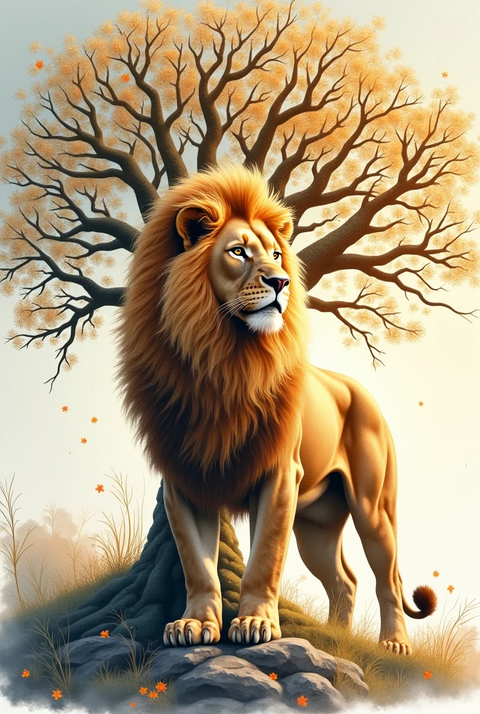 A vector of a lion with the life tree, to paint with watercolors