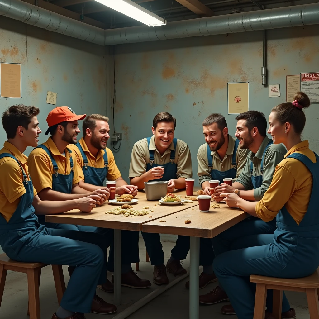 Create a realistic image of factory workers on their lunch break, sitting together in an industrial break room. The scene should show a mix of workers—some in uniforms, others in casual work clothes—enjoying simple meals, talking, and laughing, with worn walls, safety posters, and lunchboxes in the background.