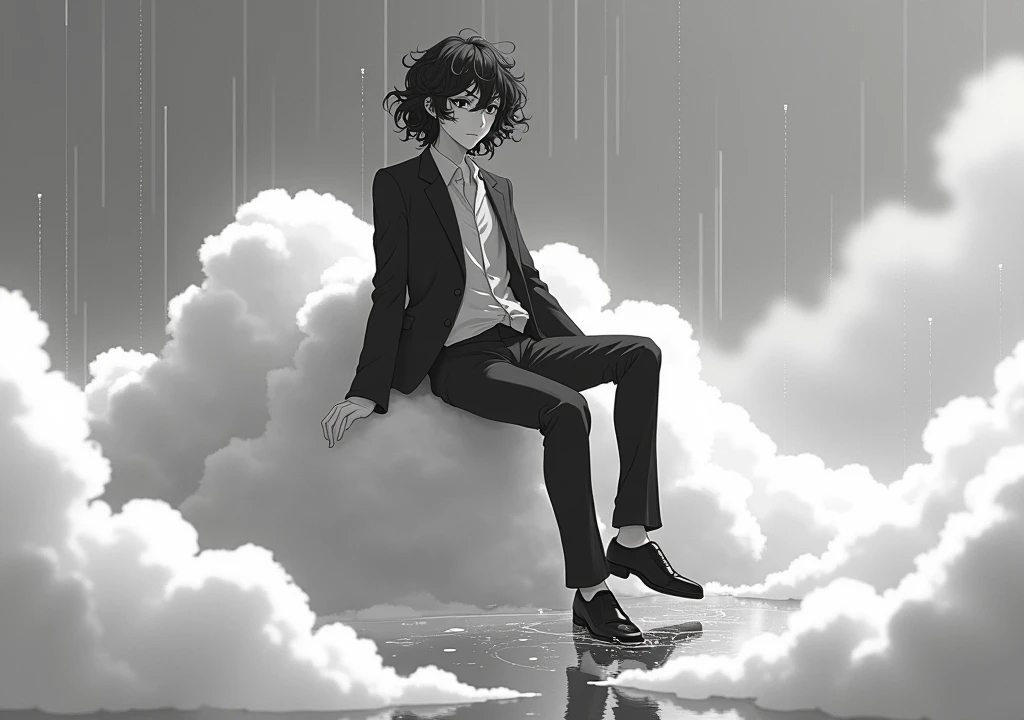 An anime-style character wearing a suit, with curly hair sitting on top of a cloud that is raining and forming a puddle of water on the ground, black and white photo