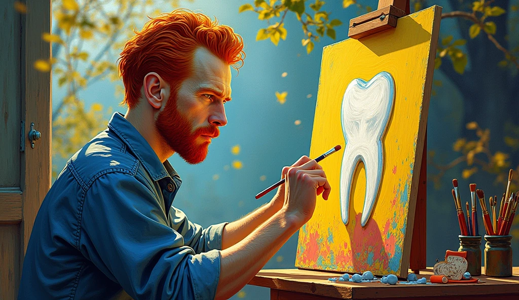 the painter van gogh with red hair, sitting down, making a painting of a tooth under the canvas in format 16:9