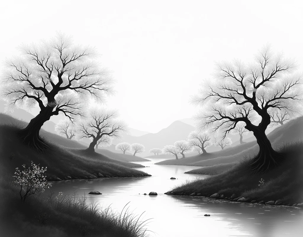 generate black and white Japanese style anime landscape in which there is sakuras park, a stream