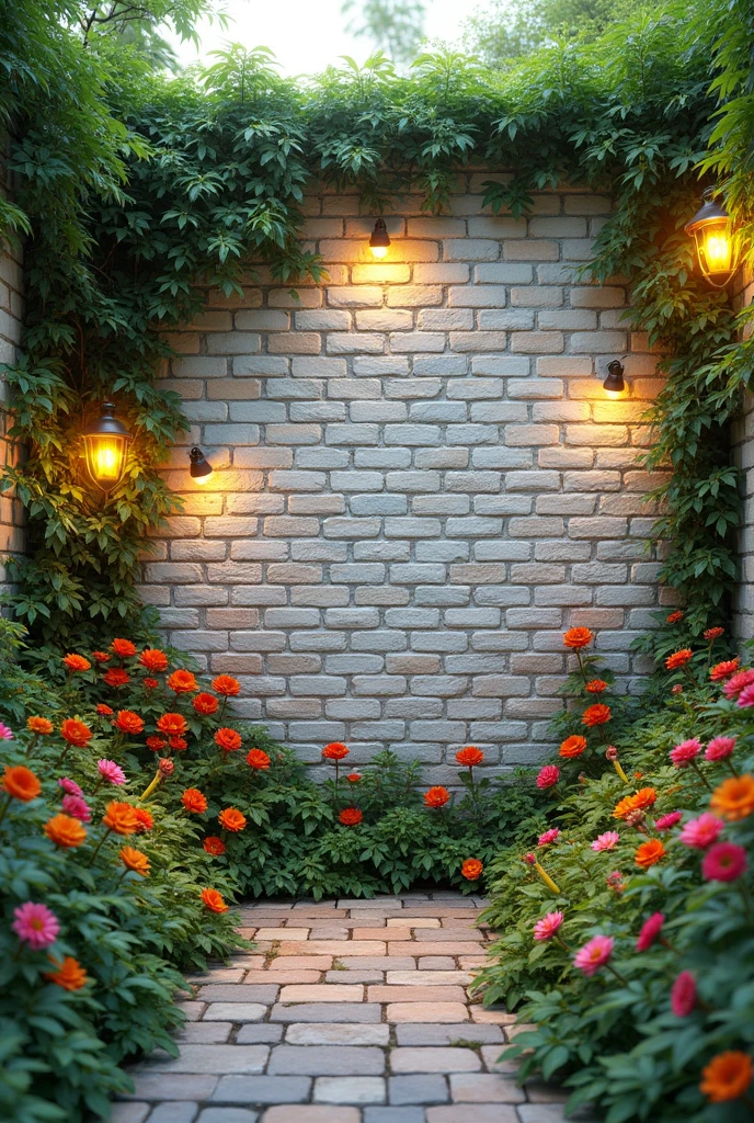 wall of white and mixed bricks , with many green branches on the sides and colorful flowers with yellow lights

 

