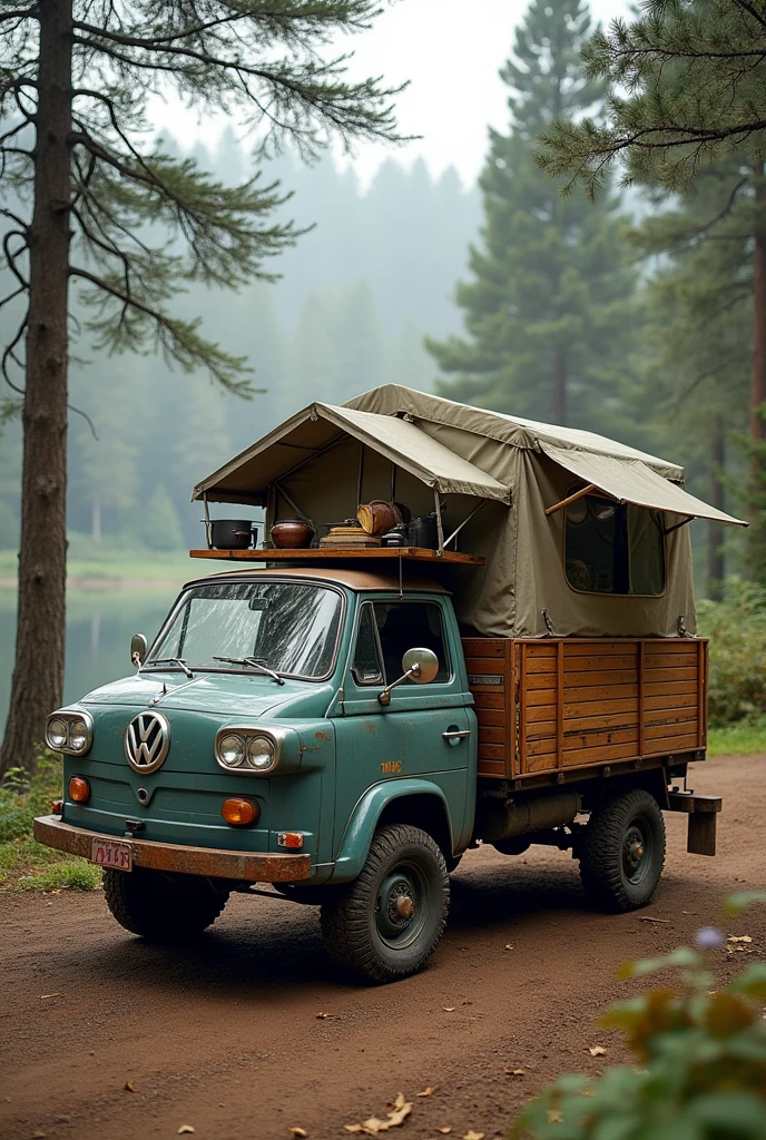 A VW Saveiro hearse car transformed into a camping car