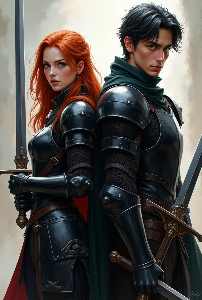 Create an image of a red-haired woman with blue eyes and freckles, White skin wears black armor and next to him is a boy with the same black armor, black hair gray eyes white skin and much taller than her, They both carry a sword

