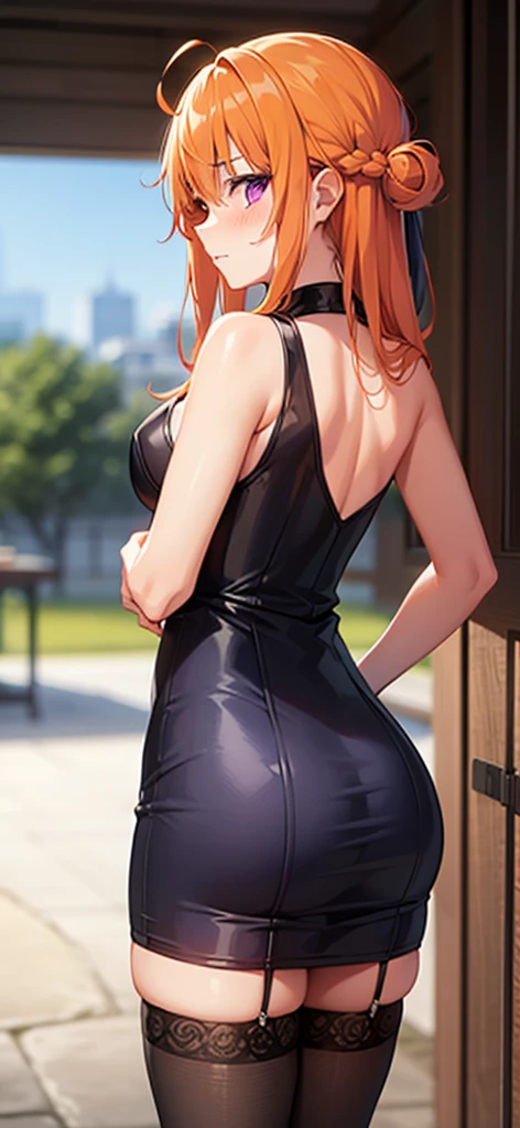 1 girl, 20-year-old, medium breasts, sleeveless, blushed, long hair,  orange hair, purple eyes, cowboy_shot, ((((mistress outfit)))), sleeveless 