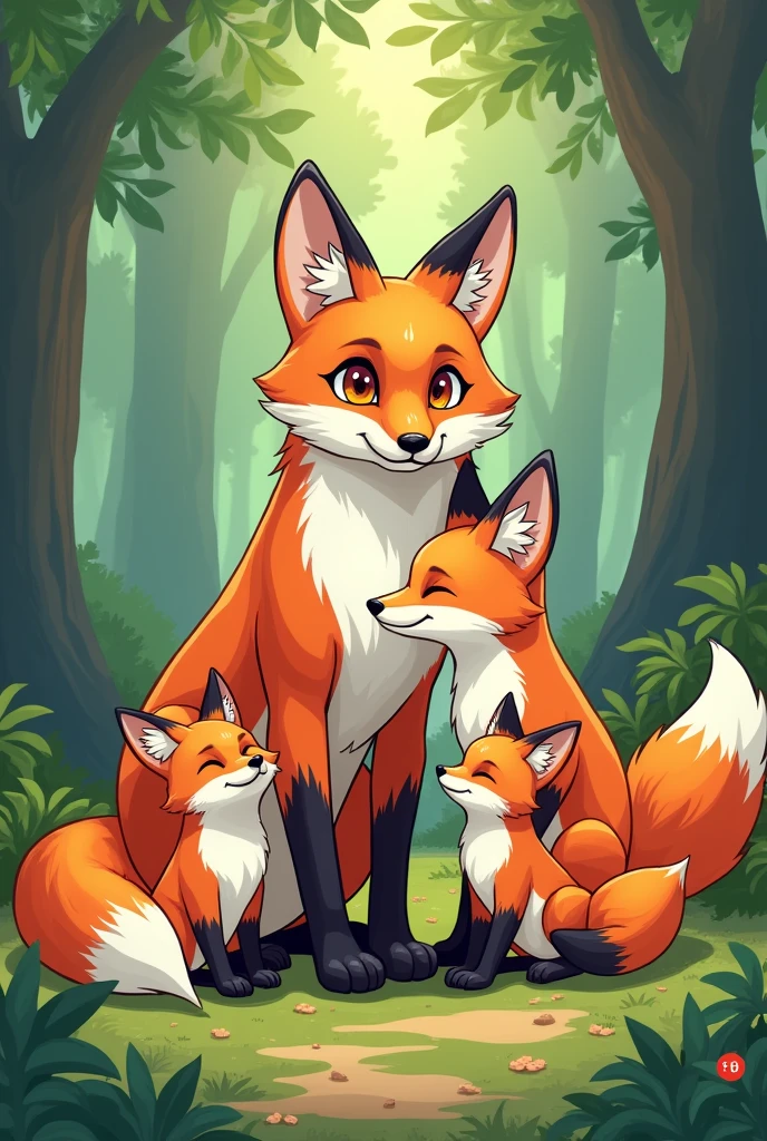 renard avec ses petits, style manga