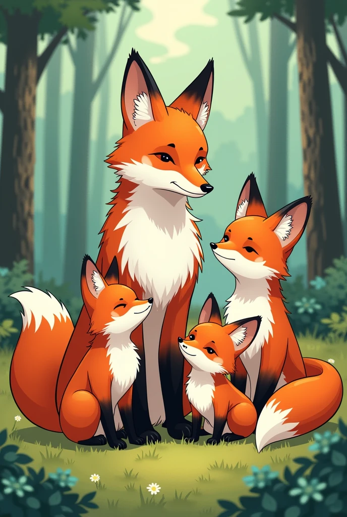 renard avec ses petits, style manga