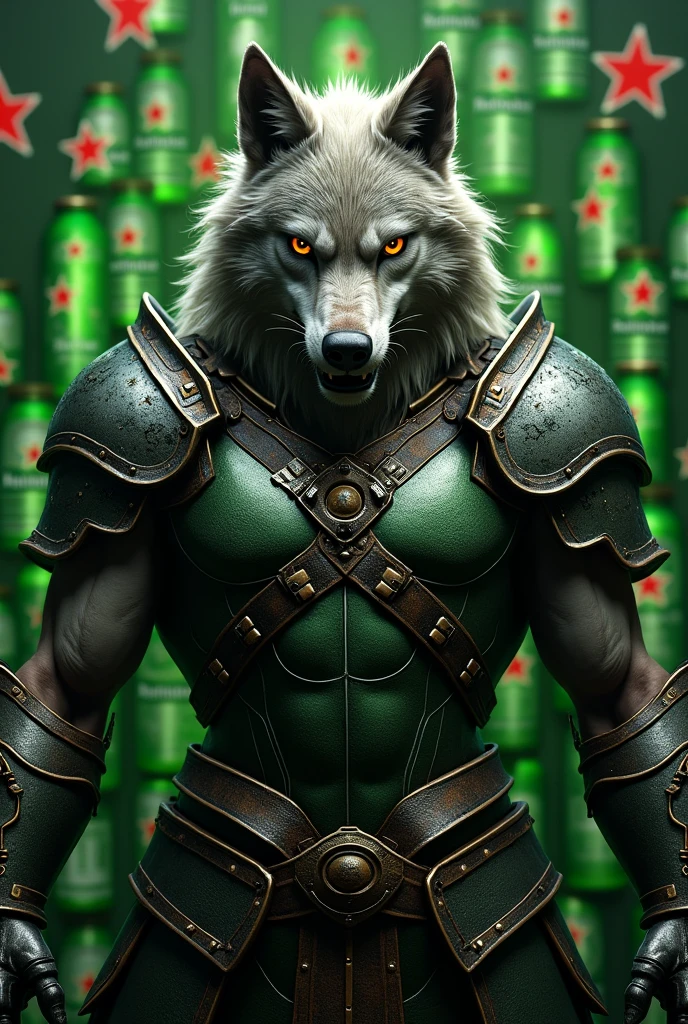 (photorealism:1.2), elegant angry werewolf, heineken beer background, armor