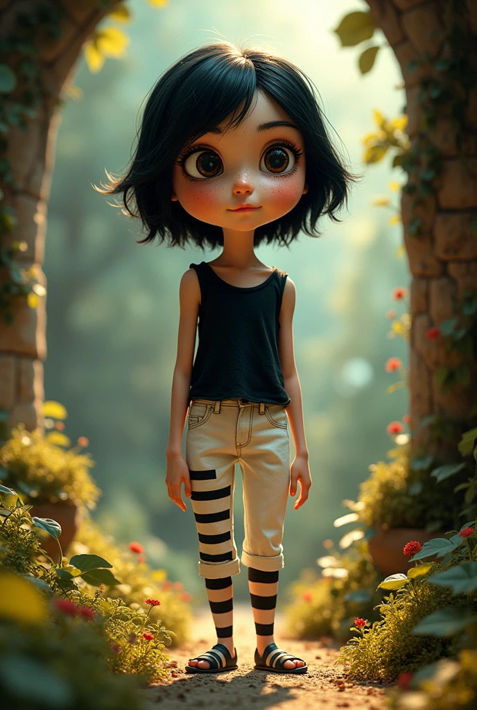 Make an image in Coraline and the secret door version of a person with short black hair,  short, robust girl, with white pants with black stripes and a black sleeveless blouse, A little chubby, with freckles 