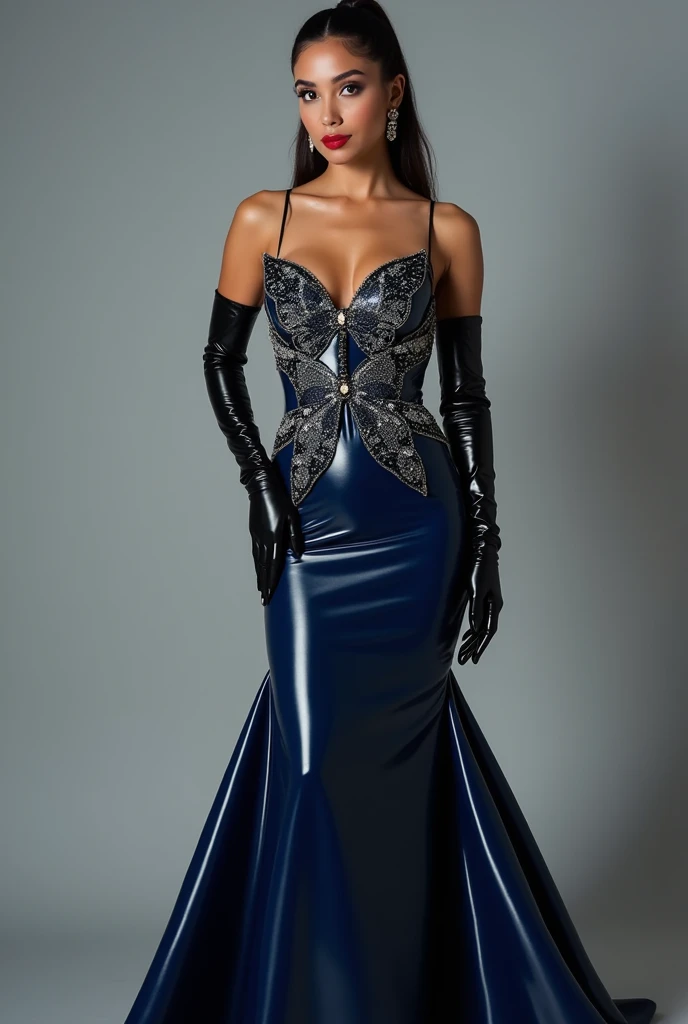 Georgina rodriguez latex drak blue buttrfly prom dress full body photo high heels long black ponytail hairstyle red lipstick prom meke up, prom latex gloves