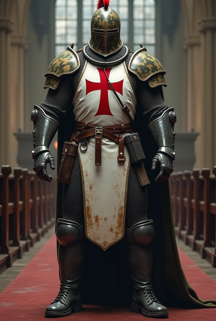 image of a big and strong templar in the 21st century mix the templar soldier's armor with a camouflage helmet with a red crest modern white tactical vest with a big red cross painted on the vest , characteristic uniform of the 21st century dark gray military boots and a steel chainmail outfit inside the Catholic church