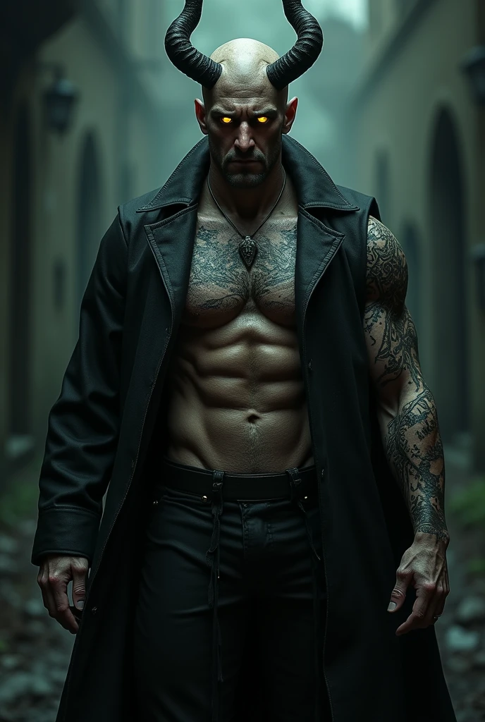 (photorealism:1.2), male figure, snake eyes, yellow eyes, muscular, scars, overcoat, sinister background, devil