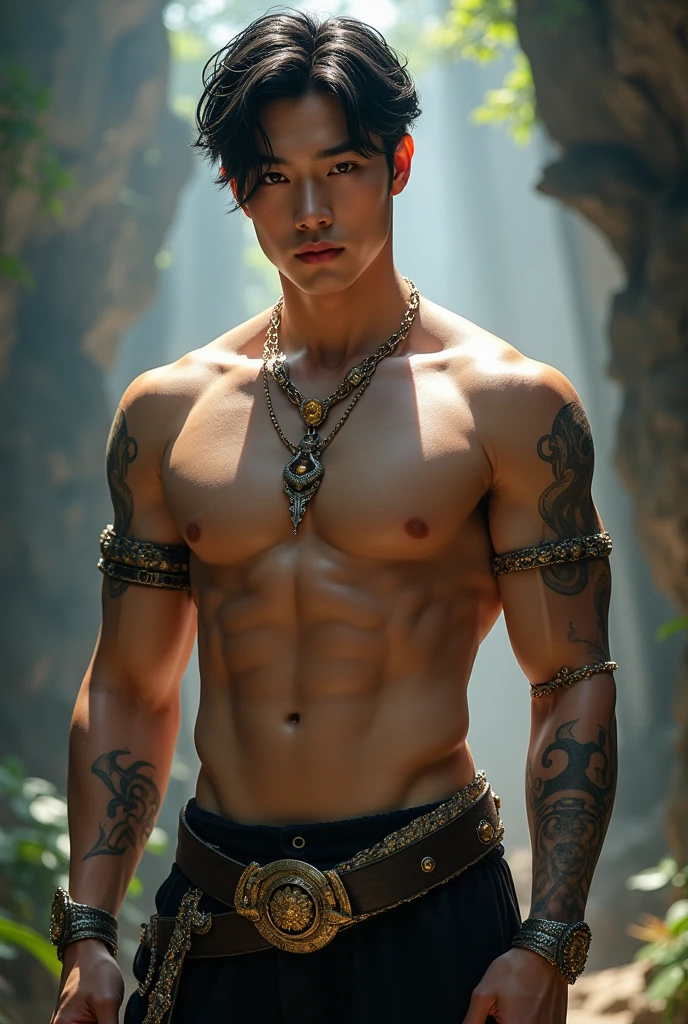 K-pop idol, male, Korean, shirtless, jewelry, dnd style, black hair
