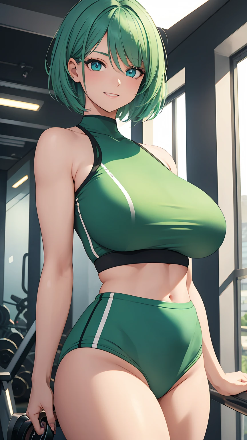 A beautiful green hair woman with short hair and deep blue eyes, gazing condescendingly at the viewer with a cute grinning expression, extremely detailed and realistic, masterpiece quality, ultra-detailed, HDR, studio lighting, vivid colors, physically-based rendering, thick muscular thighs,Cute gym clothes, large breast