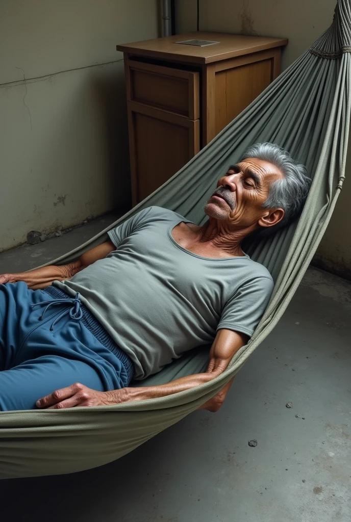 A sick, thin, elderly Turkish man in a gray shirt and blue sweatpants, little gray hair with big nose Lying in a brown hammock with a frizer Horizontal from behind on a balcony and cement floor
