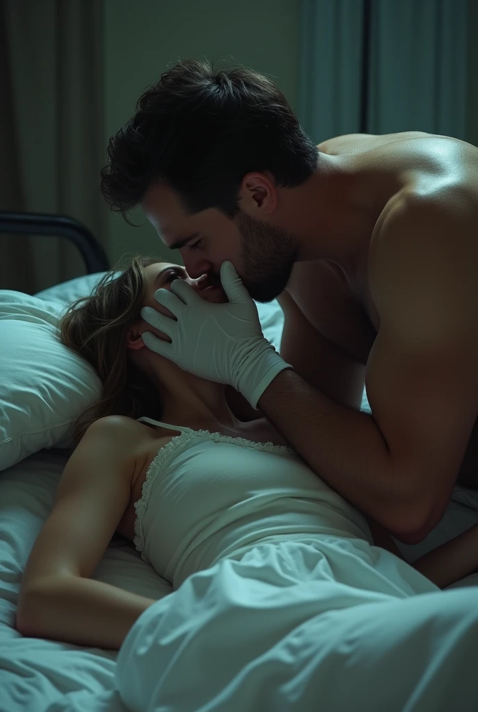 Un homme sexy avec des gants chirurgicaux courts blanc et des chaussetes nike qui mets sa grande main sur la bouche d’une femme dans un lit pour l’etouffer et l’empecher de crier car la femme crie