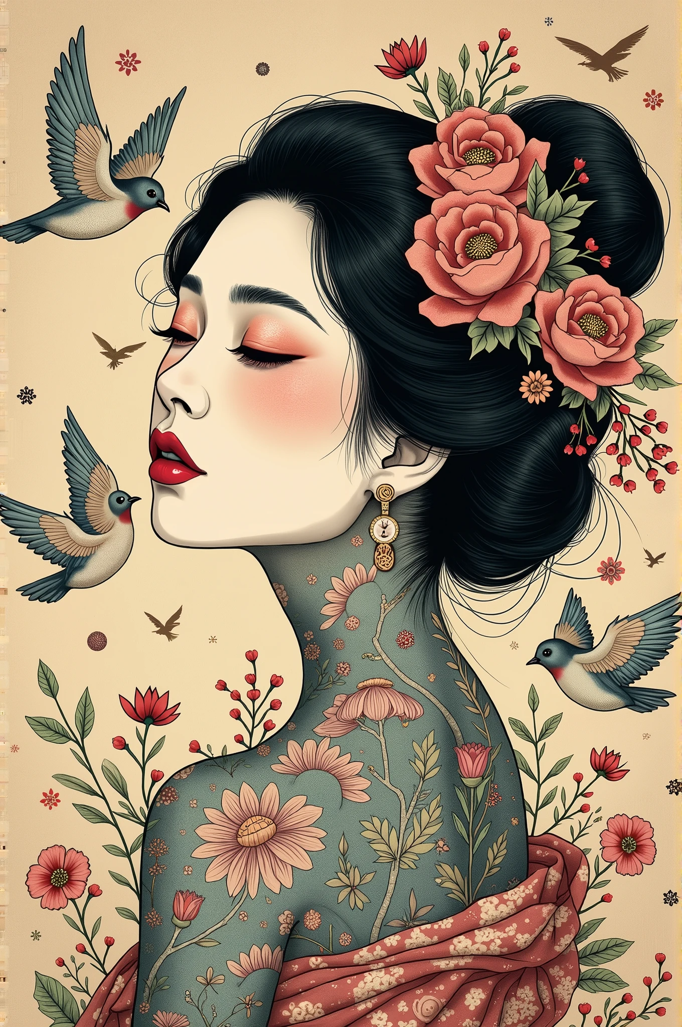 ((best quality)), ((masterpiece)), (detailed), ((perfect japanese face)), surreal, art nouveau, sparrows, fantasy, sci-fi, line drawing, japanese, traditional, vintage, elegant, chic, sophisticated, tattooed face, 