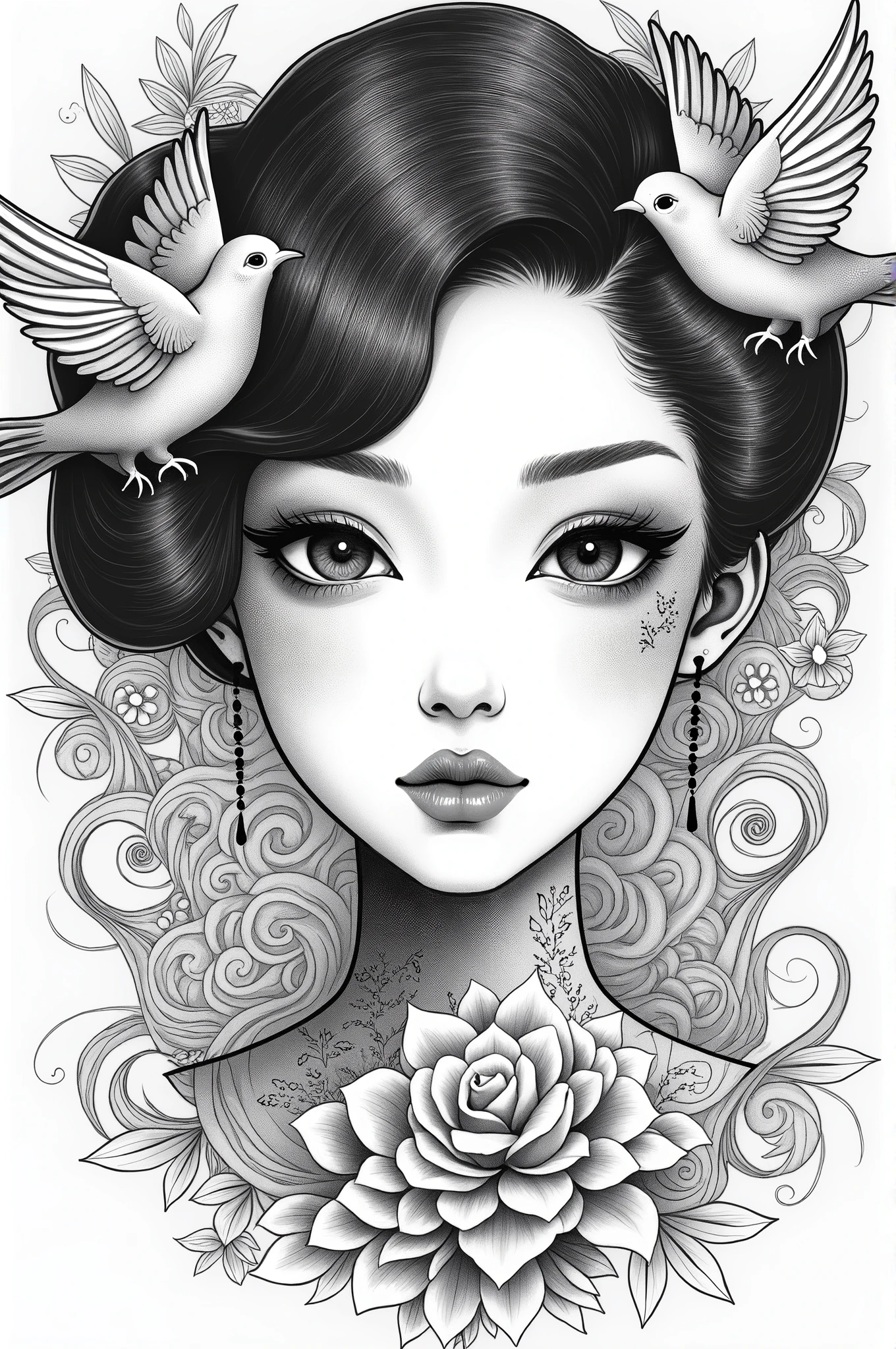 ((best quality)), ((masterpiece)), (detailed), ((perfect japanese face)), surreal, art nouveau, sparrows, fantasy, sci-fi, line drawing, japanese, traditional, vintage, elegant, chic, sophisticated, tattooed face, 