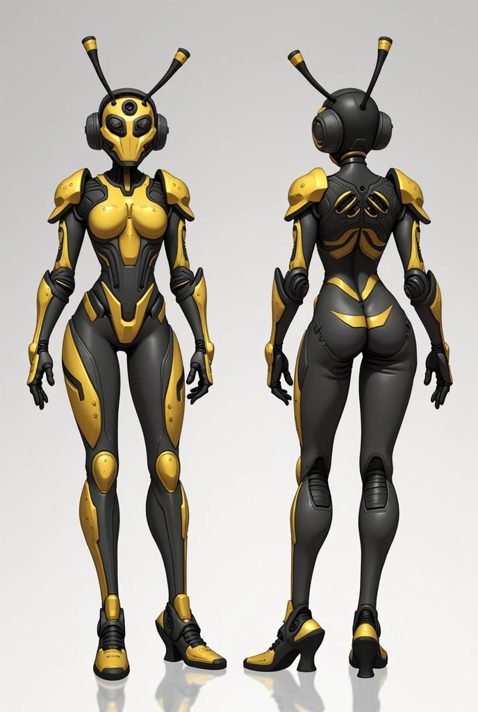 stylized style, Overwatch style female character concept, full body back and front view, robot detailed face with round eyes, bee theme, body covered with armor