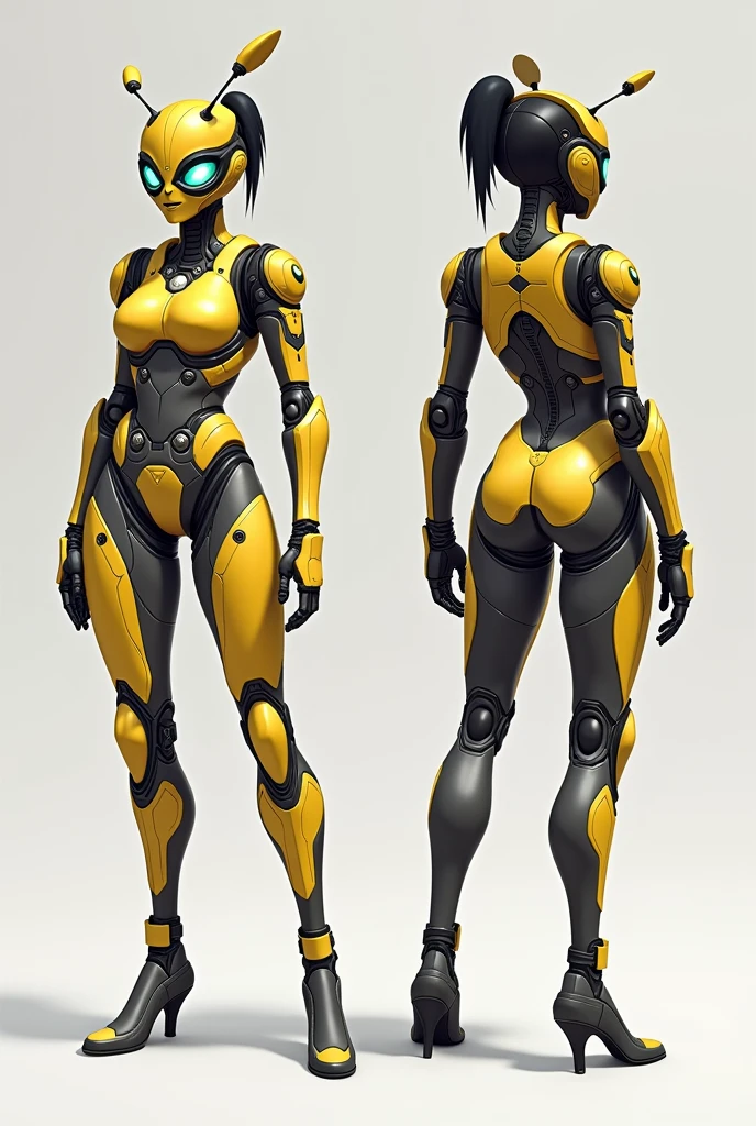 stylized style, Overwatch style female character concept, full body back and front view, robot detailed face with round eyes, bee theme, body covered with armor