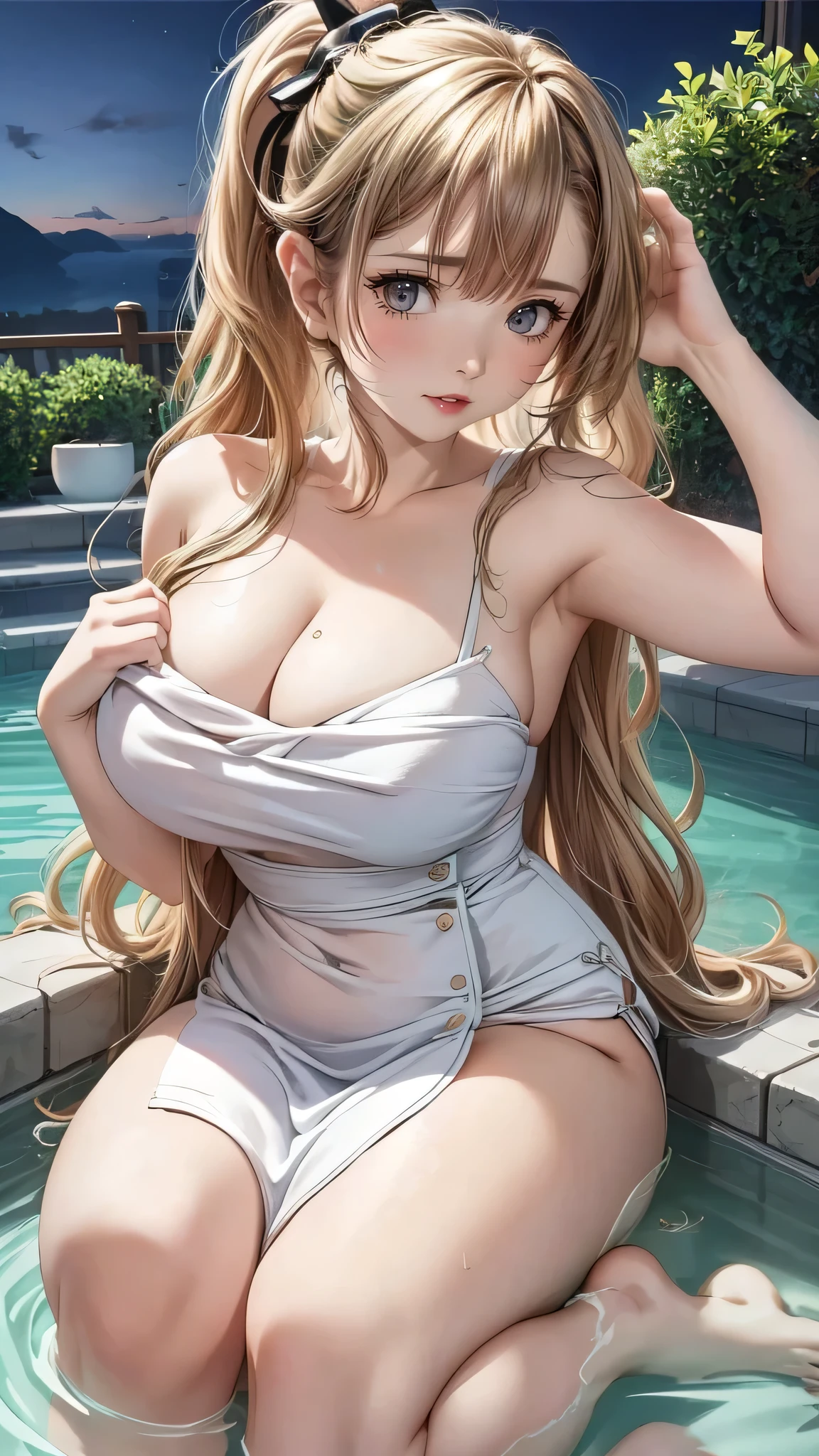 highest quality、8K、realistic、1 girl、2、full body portrait、(embarrassing)、(open-air bath at night、full body portrait、Landscape)、(wavy blonde ponytail:1.4、Taking a bath、wrap a bath towel around your naked body:1.2)、(big breasts,elect nipples), beautiful thighs、beautiful butt