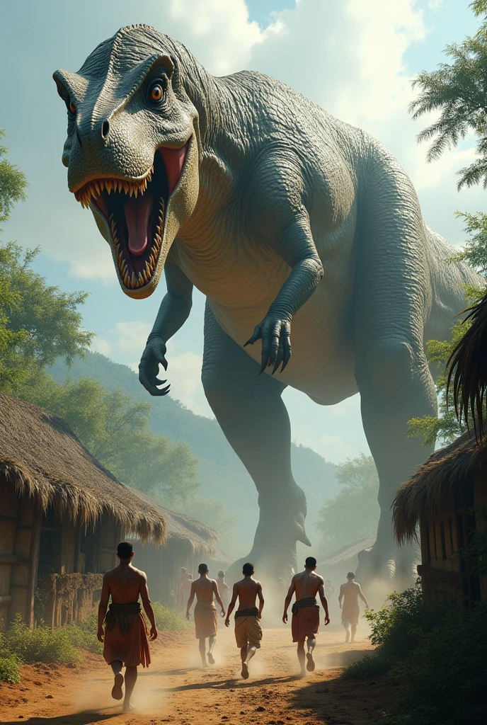 A dinosaur menaces a tribal village.