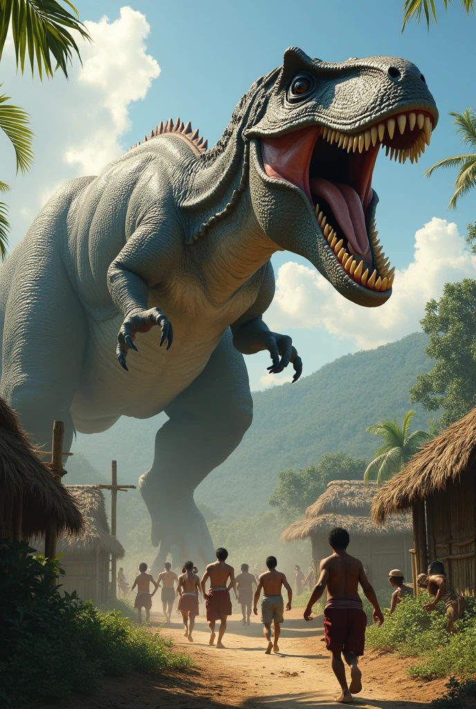 A dinosaur menaces a tribal village.
