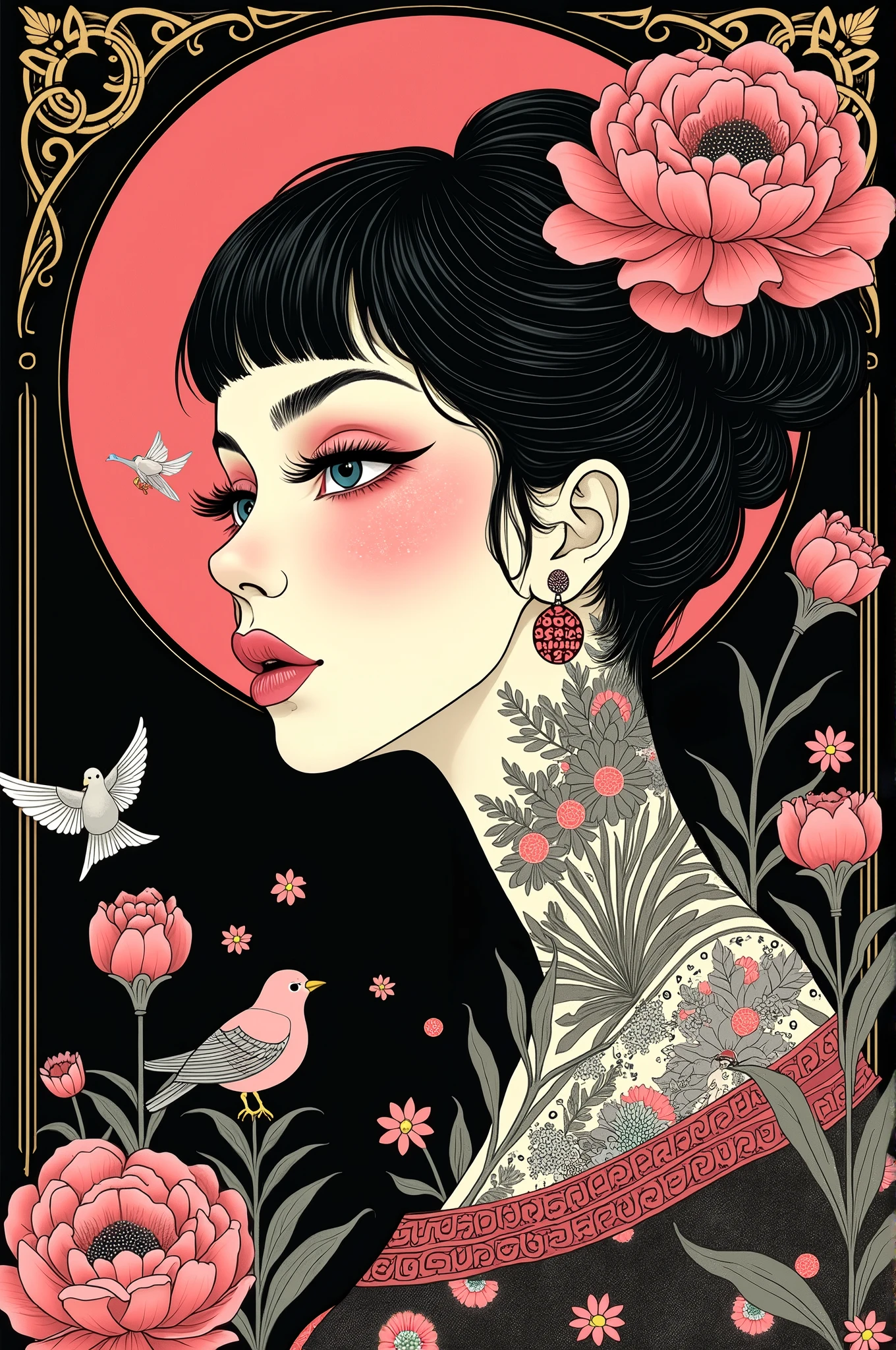 ((best quality)), ((masterpiece)), (detailed), ((perfect face)), surreal, art nouveau, in the illustrative style of moebius, sparrows, fantasy, ethereal, gold border, graphic novel, line drawing, japanese, traditional, vintage, elegant, chic, sophisticated, tattooed face, vibrant pinks, stark blacks, gold details,