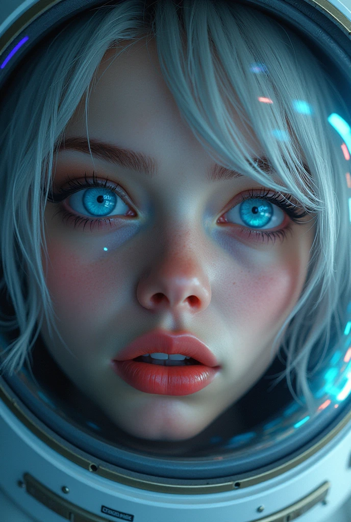(Close-up of a better masterpiece: 1.5) 0.9], (Space and astronauts: 1.2) (Disheveled silver hair: 1.1) (Xanthochromia heterochromia and blue eyes: 1.2) (space helmet: 1.0) (colorful stars in the eyes: 1.0) (A radiant glow: 1.1) (thick lips: 0.9)