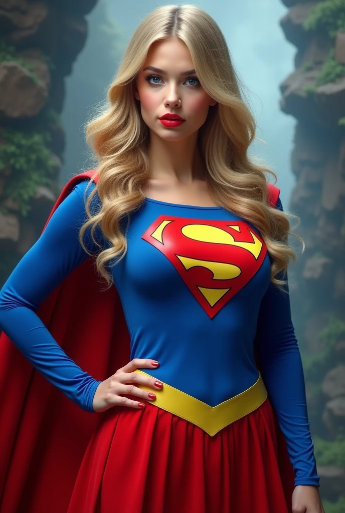 A SEXY AND BUSTY 17 YEAR OLD YOUNG FEMALE WITH BLONDE HAIR DONE UP NICLEY, AND DAZLING BLUE SAPHIRE EYES, WEARING A SPANDEX 1984 BLUE SUPERGIRL COSTUME COMEPLETE WITH A LONG READ PLEATED SKIRT WITH A YELLOW SUPERGIRL BELT, A PAIR OF RED HEELED BOOTS WITH YELLOW TRIM, AND A LONG FLOWING RED CAPE WITH THE GOLD "S" EMBLEM. RED LIPSTICK, RED FINGERNAILS. INCREDIBLY DETAILED GLOWING SKIN, INCREDIBLEY DETAILED FACE, INCREDIDBLEY DETAILED CLOTHING, TEXTURED SKIN PORES, TEXTURED HAIR, 8K ABSURD RESOLUTION, MASTERPIECE. PHOTO REALSITIC, HYPER REALISTIC. MYSTICAL BACKGROUND. 16K RESOLUTION. PREFESSIONAL GRADE IMAGE.