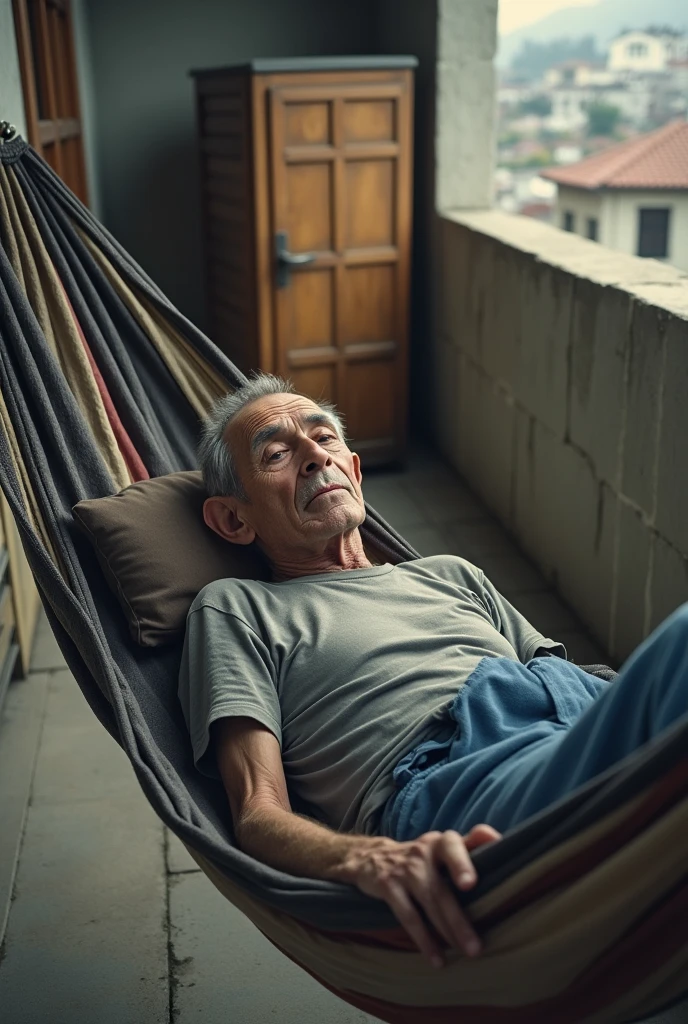 A sick, thin, elderly Turkish man in a gray shirt and blue sweatpants, little gray hair with big nose Lying in a brown hammock with a frizer Horizontal from behind on a balcony and cement floor