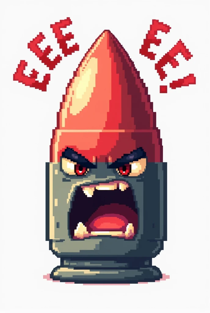 Make me a picture of a 32-bit bullet literally shouting OEEEE COME TO THE STREAM with a transparent background, The bullet must be pixel art style with a face expressing a LOT of anger