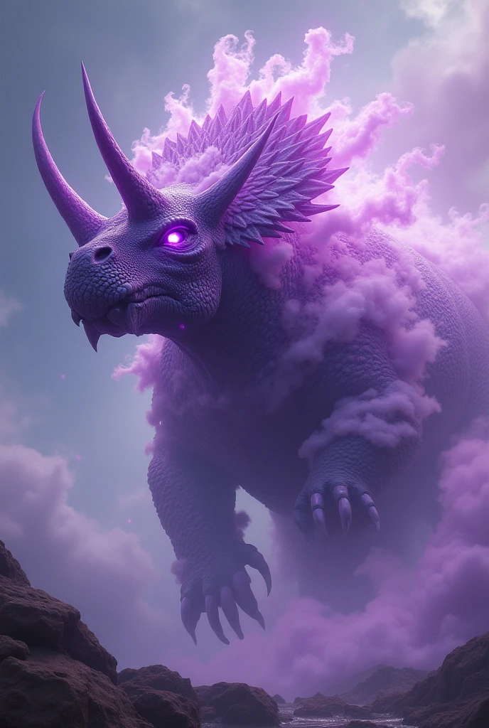 "Design a purple clouds and triceratop fusion with glowing eyes and intertwined scales and fur, exuding raw, terrifying power."