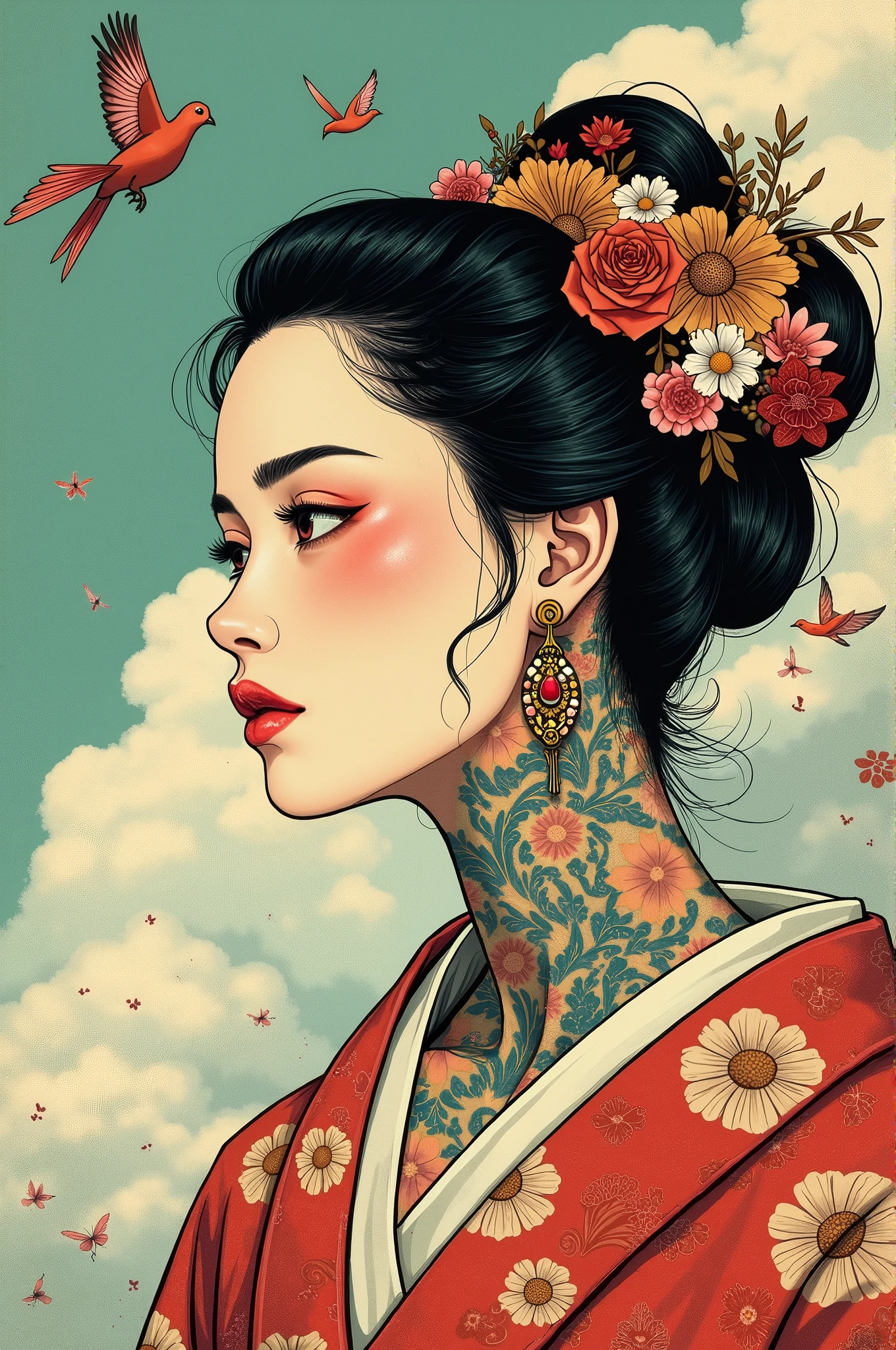 ((best quality)), ((masterpiece)), (detailed), ((perfect face)), surreal, art nouveau, in the illustrative style of moebius, sparrows, fantasy, sci-fi, graphic novel, line drawing, japanese, traditional, vintage, elegant, chic, sophisticated, tattooed face, 