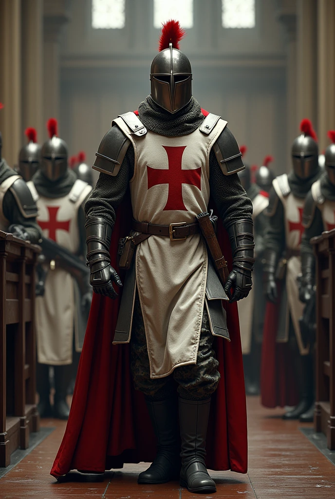 image of the templar army in the 21st century mix the templar soldier's armor with a camouflage helmet with a red crest modern white tactical vest with a large red cross painted on the vest , characteristic uniform of the 21st century dark gray military boots and a steel chainmail outfit inside the catholic church modern military style