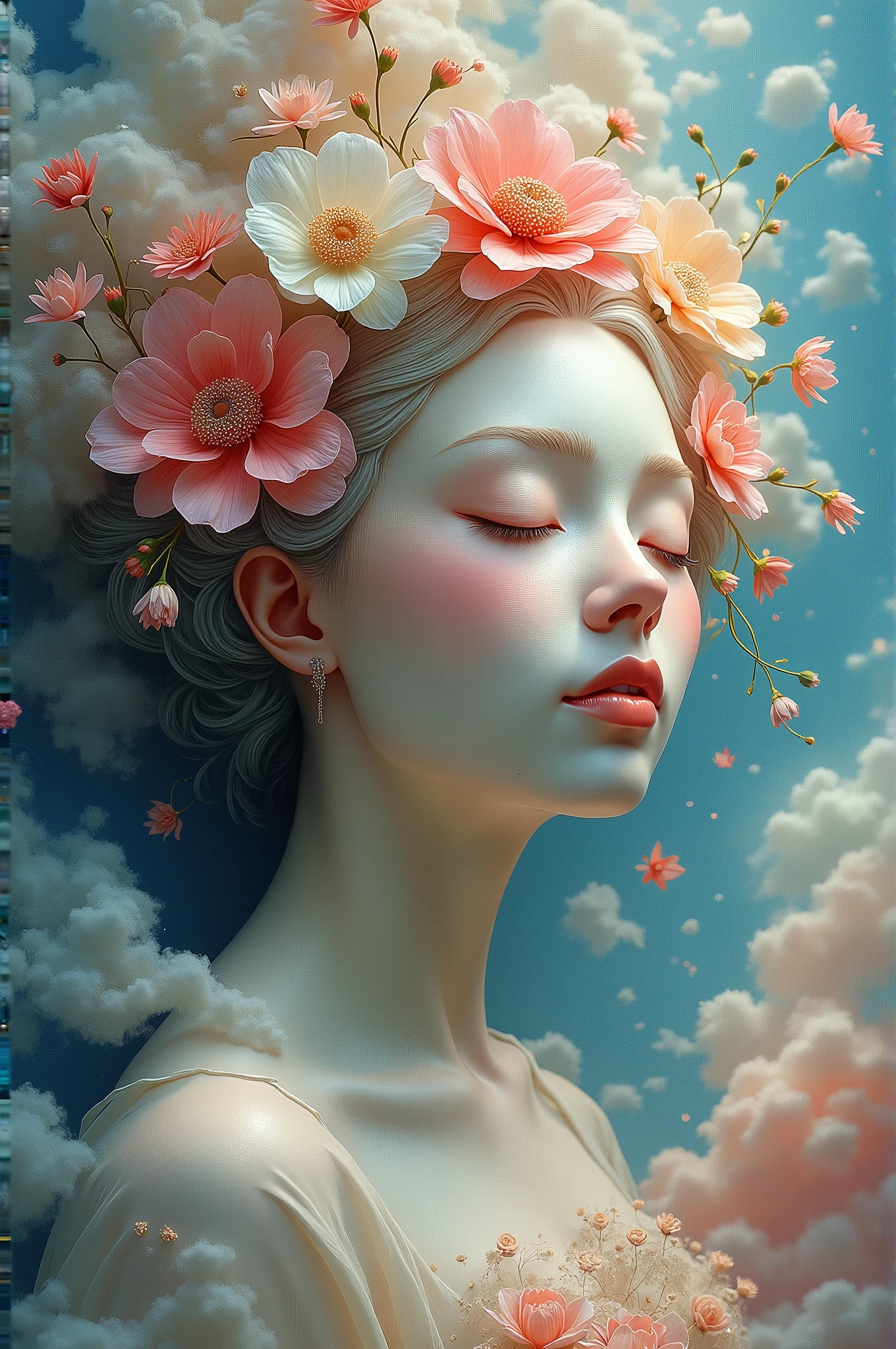 (illustration: 1.3), paper art, 3D rendering of, Colorful background, (Beautiful side face, closing her eyes: 1.3), (Rose: 1.2) (chrysanthemums: 1.2), Colorful, Best quality, Detailed details, Masterpiece, offcial art, movie light effect, 4K, Chiaroscuro , Flash