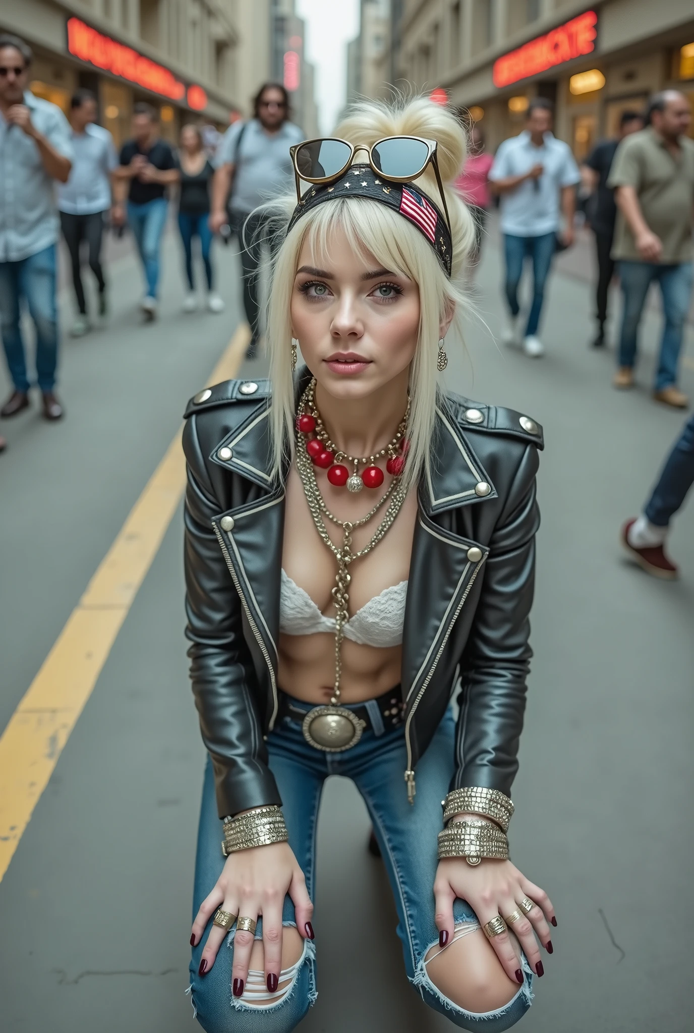 russian old milf woman, , blonde platinum hair (beehive bun) and oversized square sunglasses as headband), with very light grey eyes, extremely pale. Wearing studded, padded shoulders,  cropped black moto jacket (zippers on the sides, usa flag patches on the sleeves), black and redlace  push up bra, dark skinny low rise blue jeans with holes on knees .White tennis sneakers. Lots of thick wide studded  bracelets, chain collars and big rings. Tacky wide studded leather belt with usa coat of arms oval buckle. Long earrings with chains. Kneeling, bent,  craving for the ice cream of the photographer. Hands on knees. Looking at the camera, Toned abdominals, thin neck, slim legs and thin arms. Narrow hips. Heavily tattooed. Crowded street of Saudi Arabia