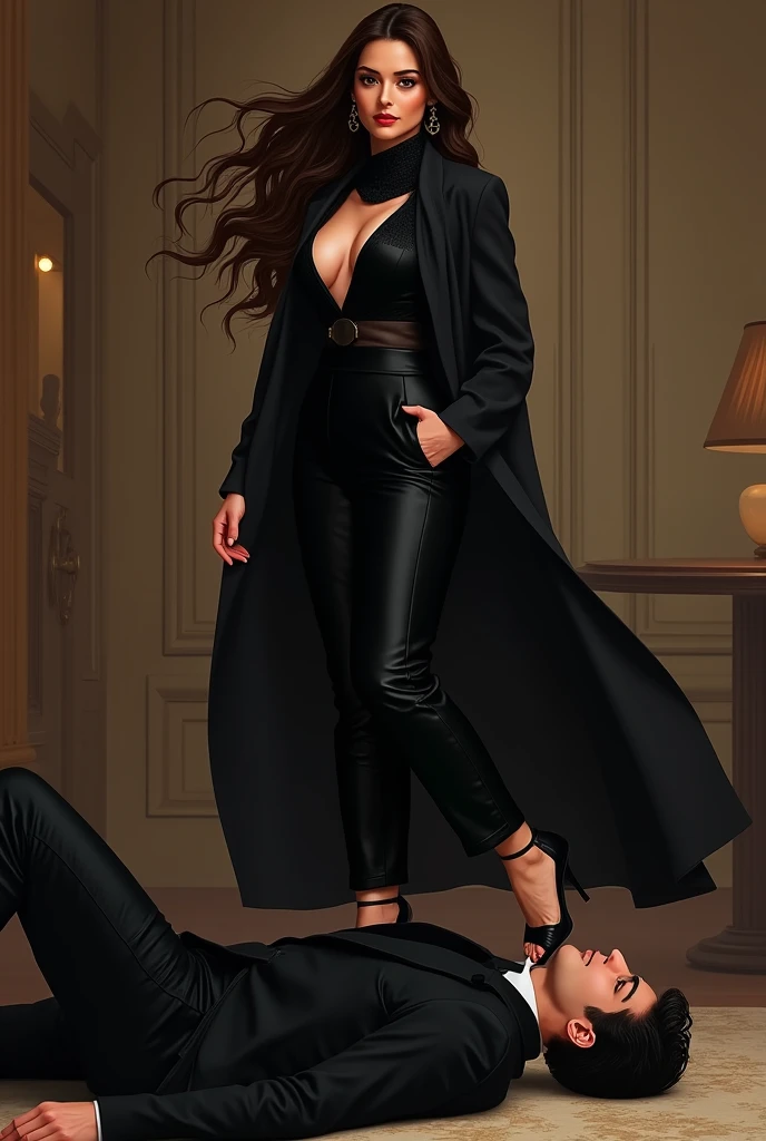 Iranian Mistress ,brown hairs, wearing black manteau, wearing black blouse, wearing black pants, wearing black Iranian scarf around hairs , wearing black high heel sandals, trampling man's face, man's face trampled by mistress shoe, man wearing suit, mistress puts her shoe on man's face, man's face trampled by mistress shoe, man lying down under mistress, surrendering against mistress, mistress victory posing on man, femdom, penthouse