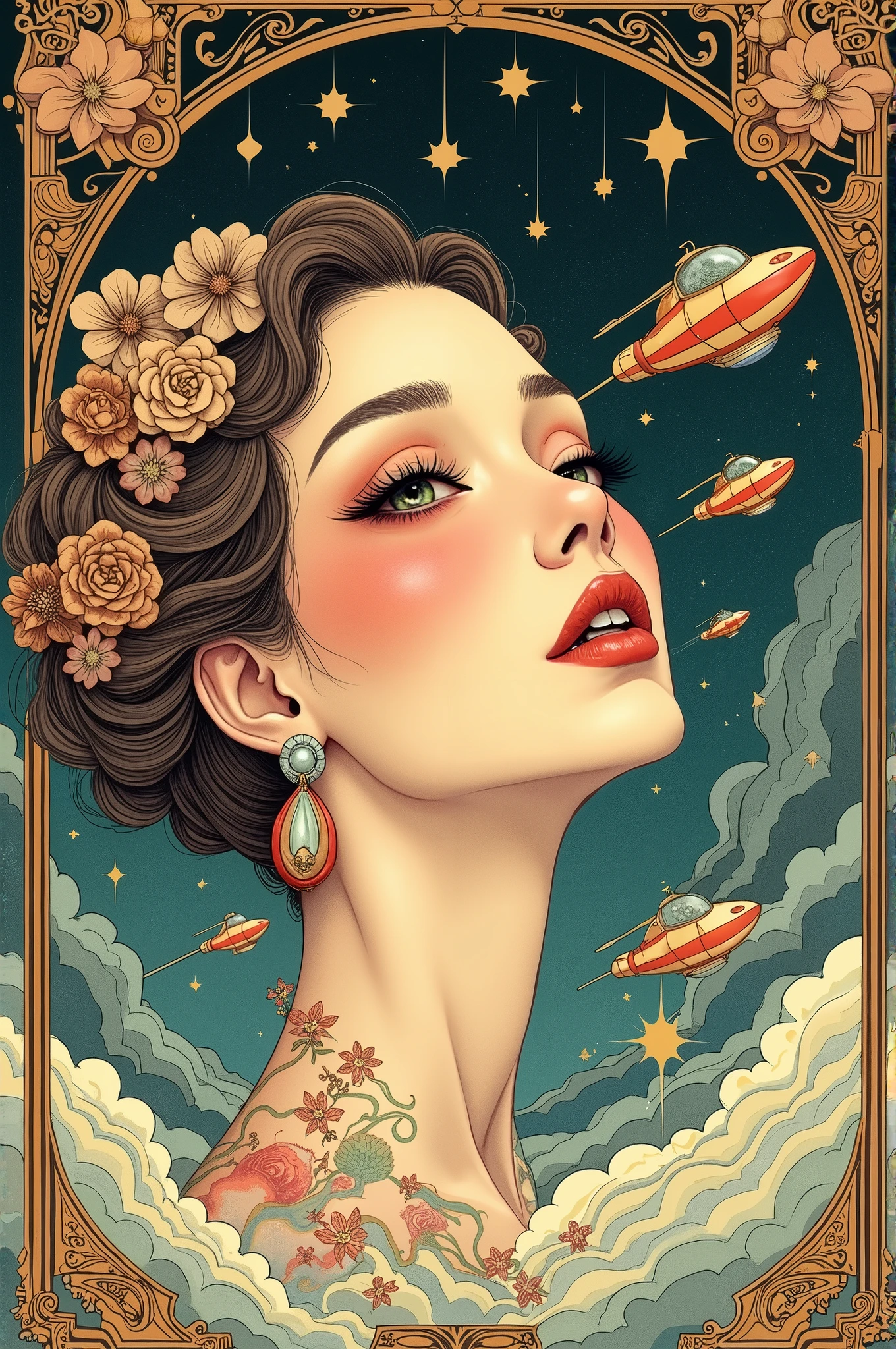 ((best quality)), ((masterpiece)), (detailed), ((perfect face)), surreal, art nouveau, in the illustrative style of moebius, spaceships, fantasy, sci-fi, graphic novel, line drawing, japanese, traditional, vintage, elegant, chic, sophisticated,