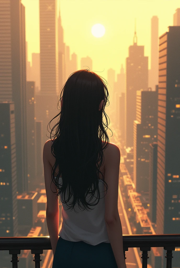 Girl looking at the city from behind.